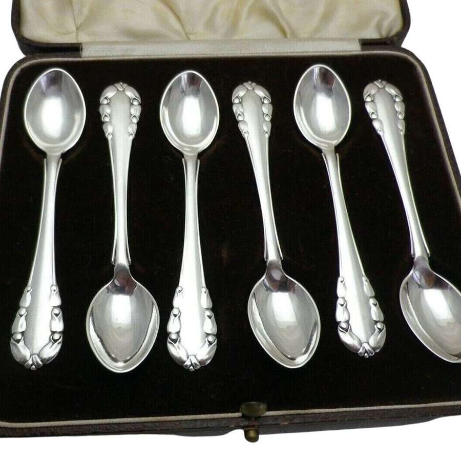 Rare Georg Jensen Cased 6 Solid Silver Teaspoons Lily of the Valley
