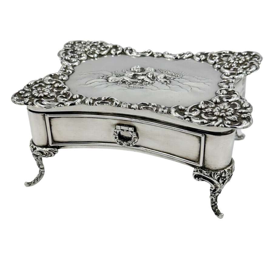 Antique Large Solid Silver Jewellery Box on Legs with Cherubs Decor