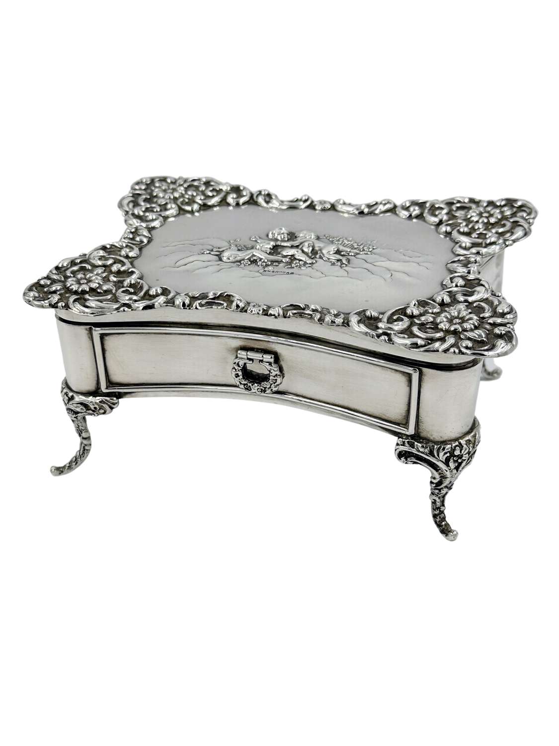 Antique Large Solid Silver Jewellery Box on Legs with Cherubs Decor