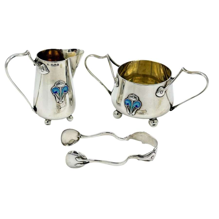 Antique Art Nouveau Solid Silver Bachelor Cream Jug Sugar Bowl & Tong