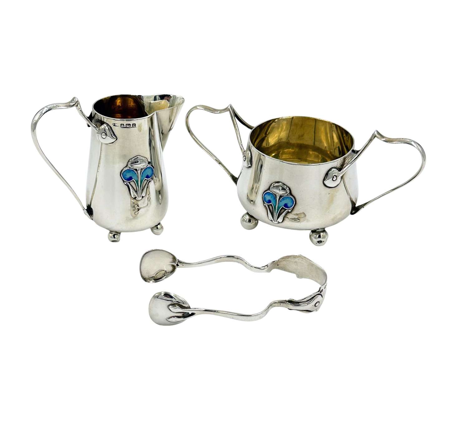 Antique Art Nouveau Solid Silver Bachelor Cream Jug Sugar Bowl & Tong