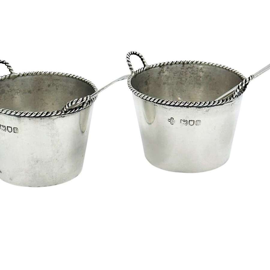 Pair Antique Solid Silver Novelty Milk Pail Salt Cellars with Spoons