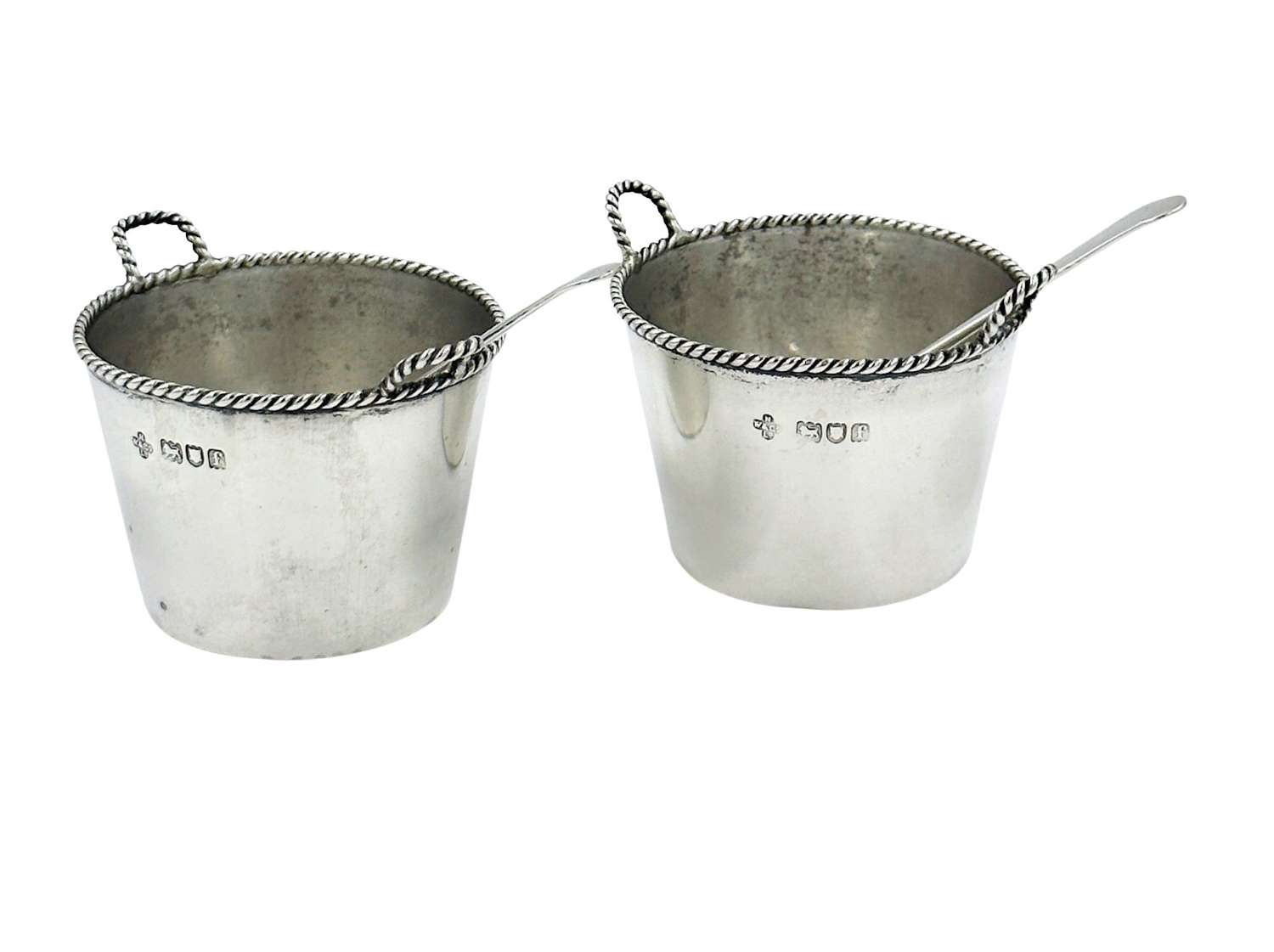 Pair Antique Solid Silver Novelty Milk Pail Salt Cellars with Spoons